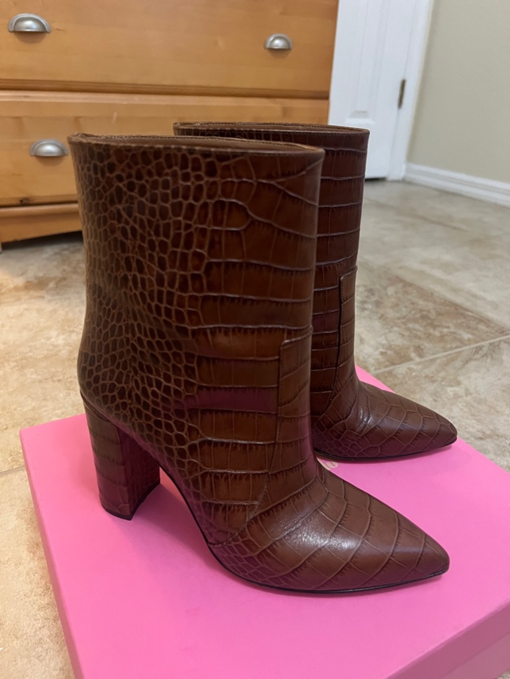 Paris Texas Brown Croc-Embossed Pointed Toe Ankle Boots
